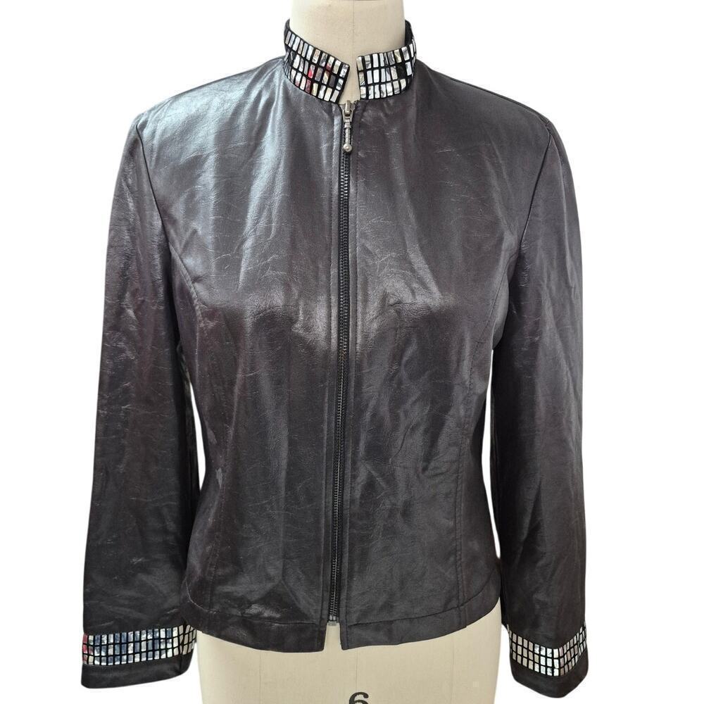80s Vtg Farouche Jacket Black Silver Mirror Trim Zip Up Wet Look Polyester Sz 6